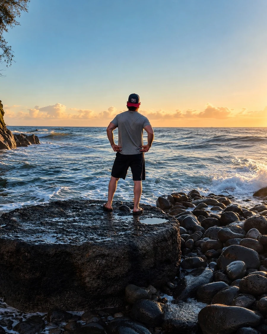Nathan Garrett standing on coastal rocks and looking out over the ocean.