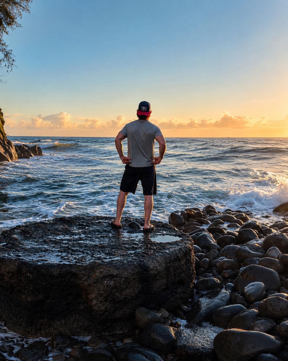 Nathan Garrett standing on coastal rocks and looking out over the ocean.